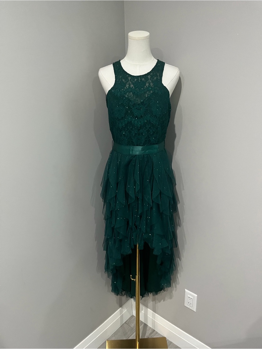 Teeze Me Emerald Lace Bodice Tiered High-Low Tulle Dress
